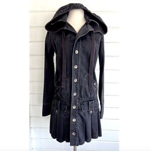 RARE! Vintage DIESEL Pleated Mini Coat Dress with Hood in Washed Black - S